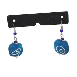 Blue Stone Silver Tone Swirl Wire Wrapped Dangle Earrings Hook Pierced Peacock